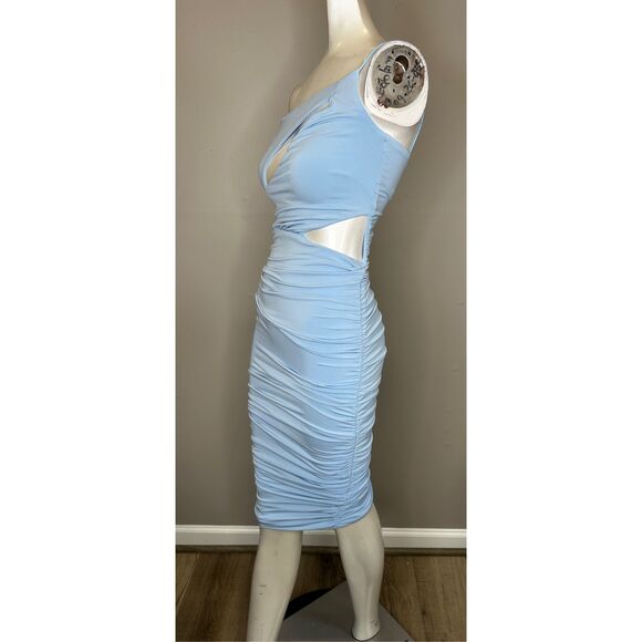 NWT Nookie One Shoulder Cutout Ruched Bodycon Envy Midi Dress Blue Size XS $280 - Picture 4 of 8